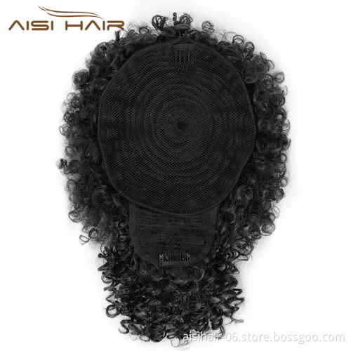 Aisi Hair New Design Kinky Curly Puff Black Color Hair Bun With Bangs Afro Short Curly Synthetic Hair Extension For Black Women